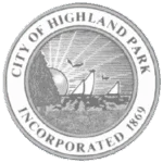 Seal of the City of Highland Park, incorporated 1869, with sun, sailboats, and planes.
