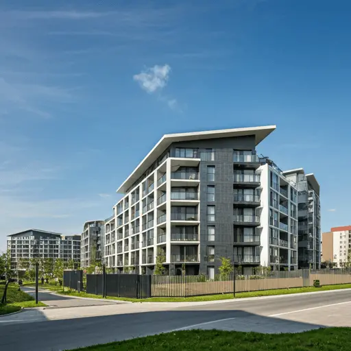 Modern grey and white apartment buildings with balconies under a clear blue sky.