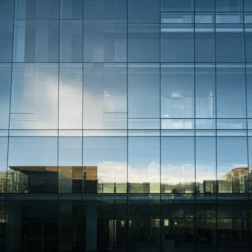 Modern glass building facade reflecting blue sky and white clouds.
