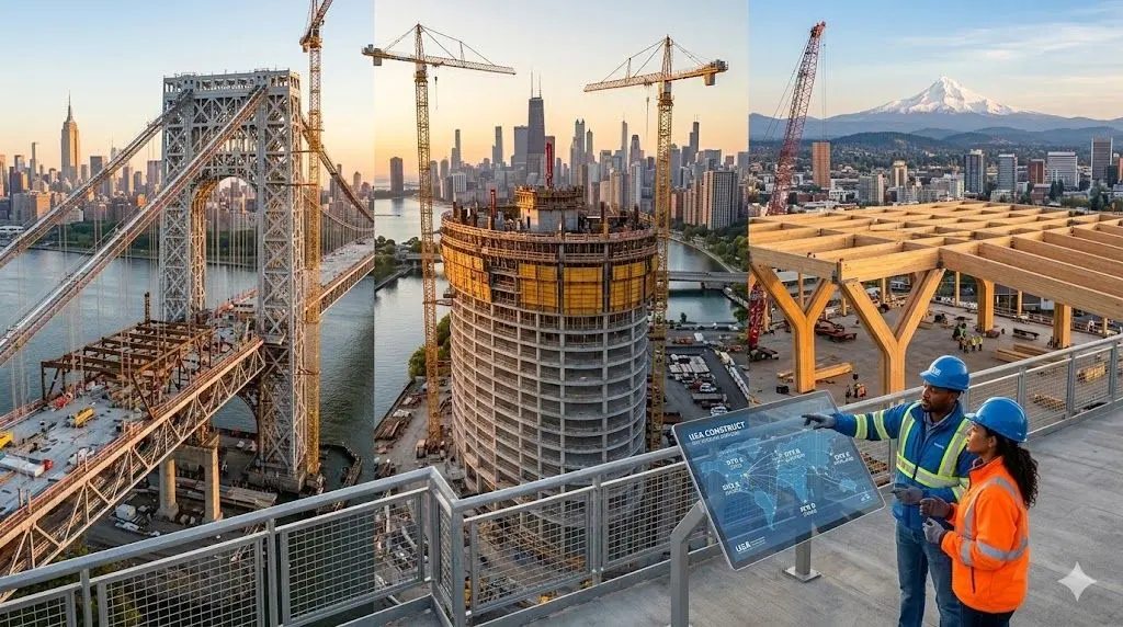 Diverse construction projects shown: bridges, city buildings, and engineers inspecting a modern site.